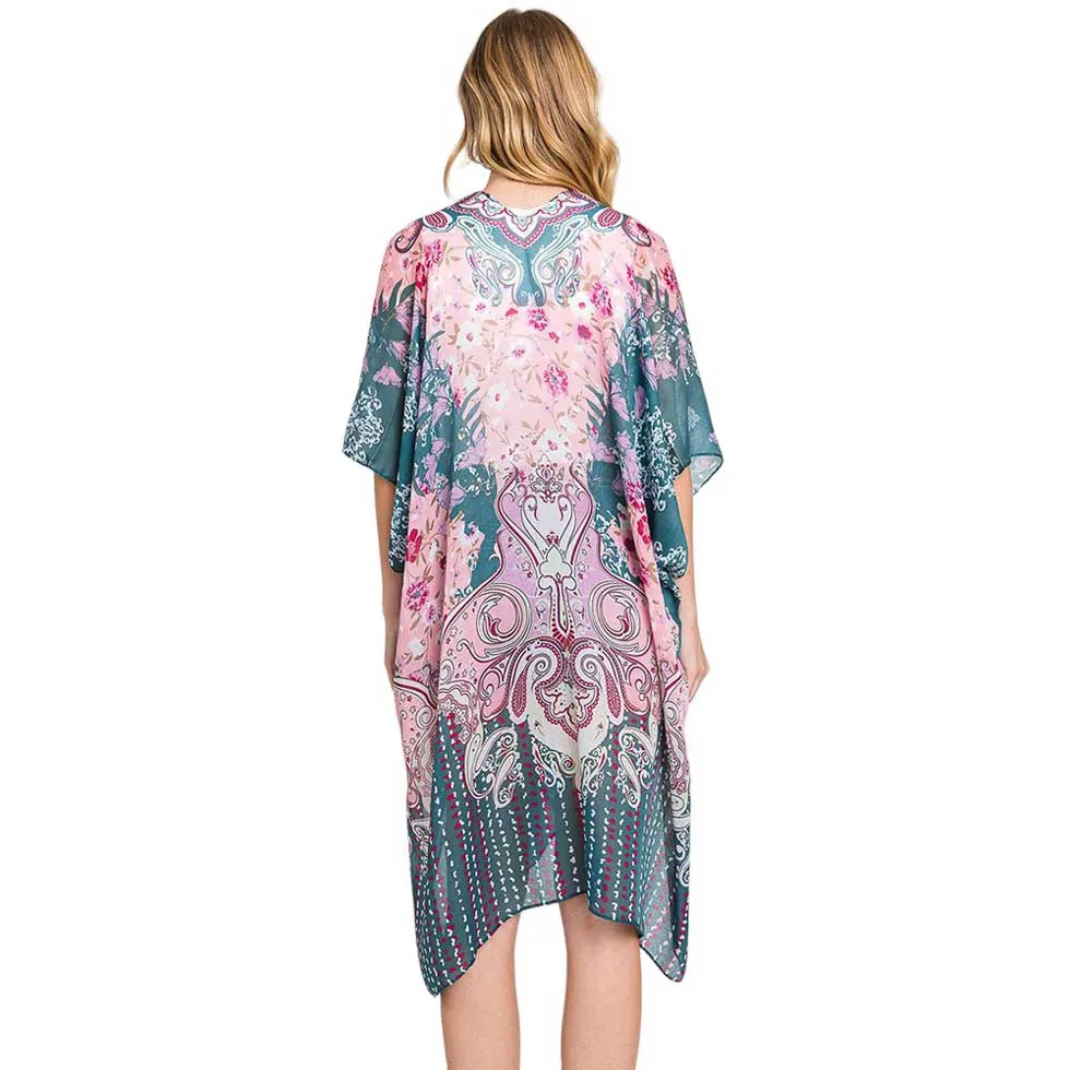 Abstract Paisley Flower Print Kimono Poncho