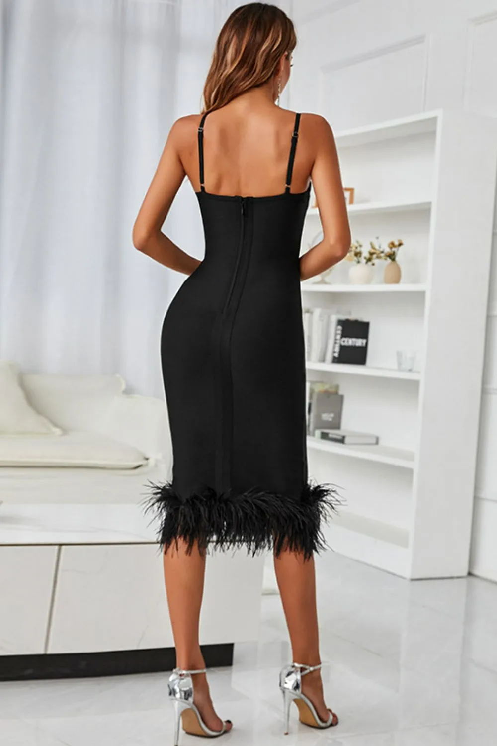 Audrey Feather Trim Midi Bodycon Dress