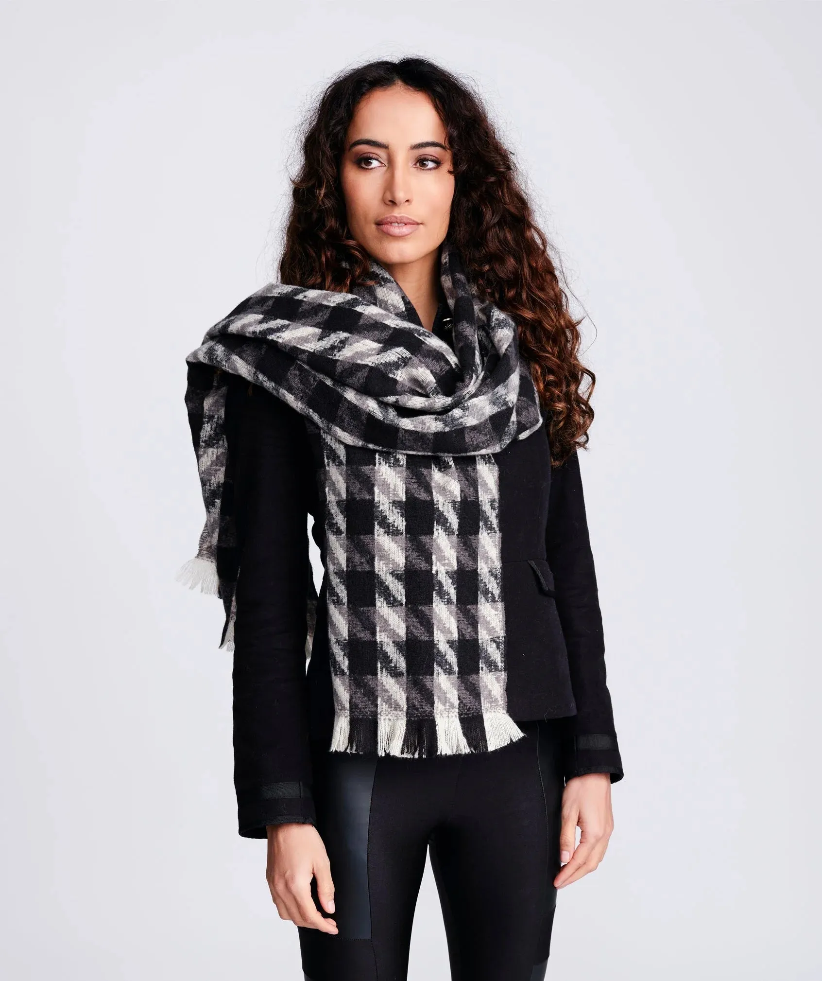 Black Grey Checked Blanket Scarf With Medium Length Feather Fringing