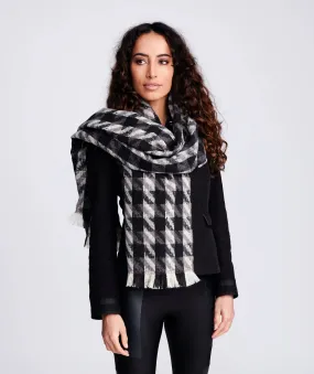 Black Grey Checked Blanket Scarf With Medium Length Feather Fringing