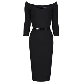 Black Wide V Neck 3/4 Sleeve Vintage Style Belted Bodycon Pencil Dress