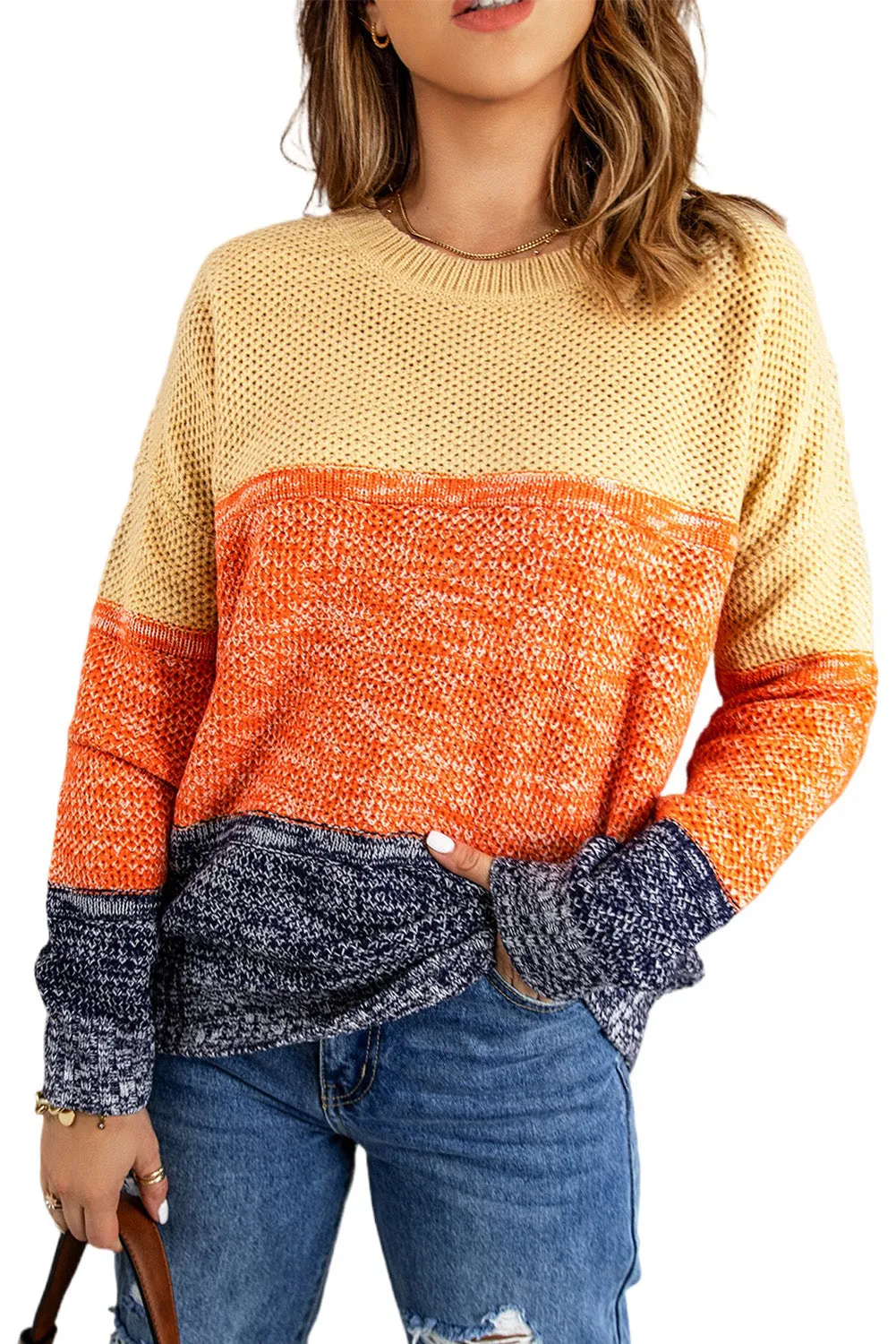 Blue Color Block Netted Texture Pullover Sweater