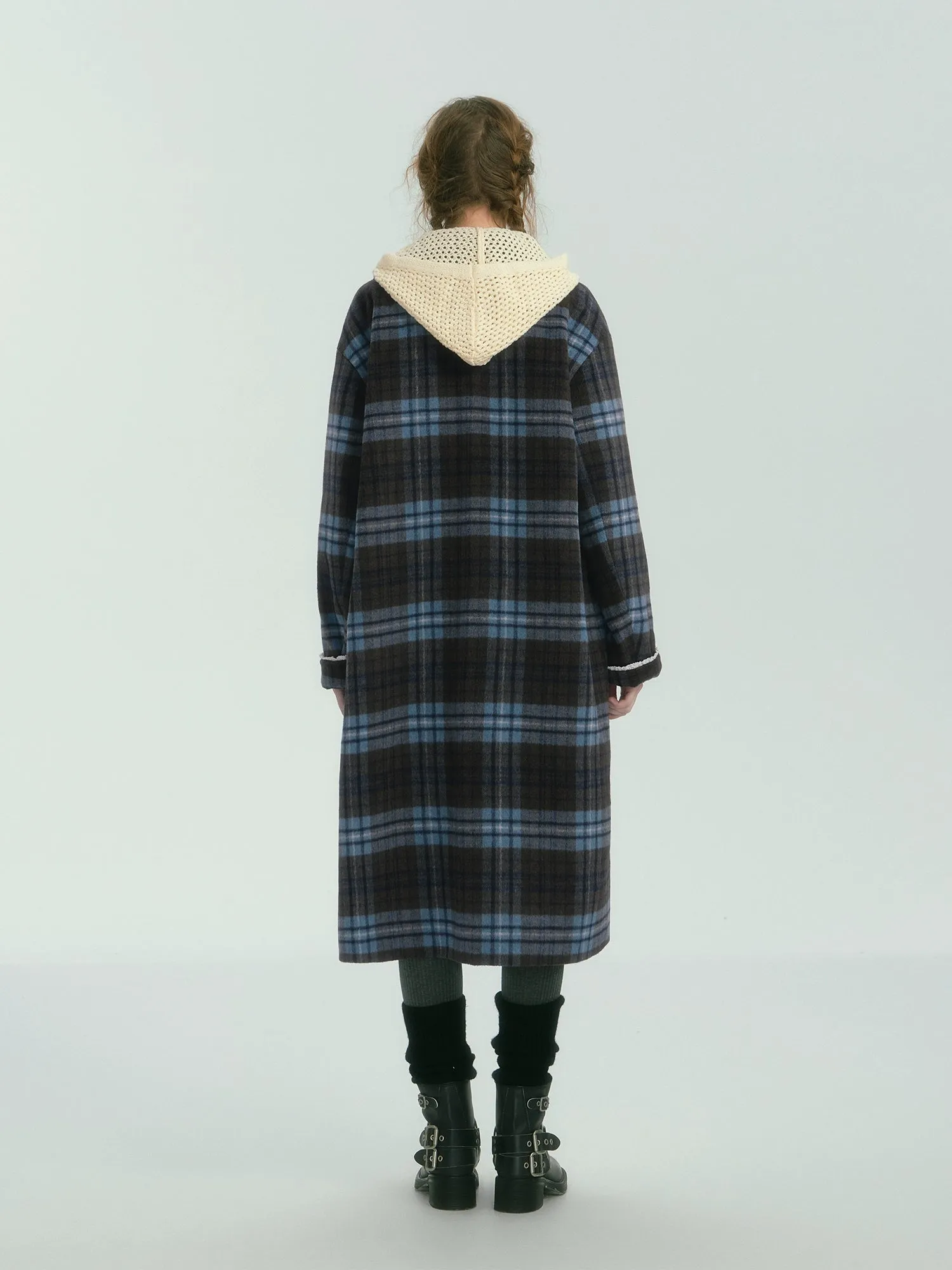 Contrast Plaid Long Woolen Coat