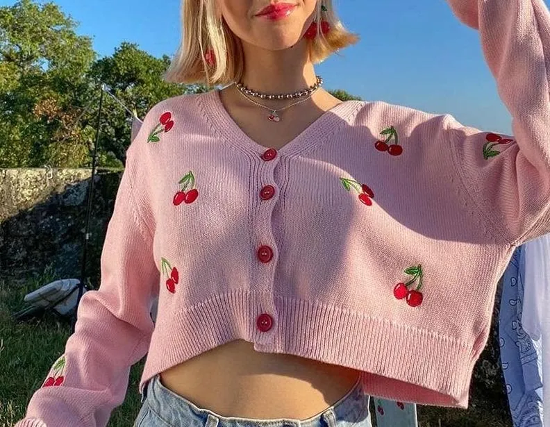 Cropped Cardigan With Cherry Embroidery