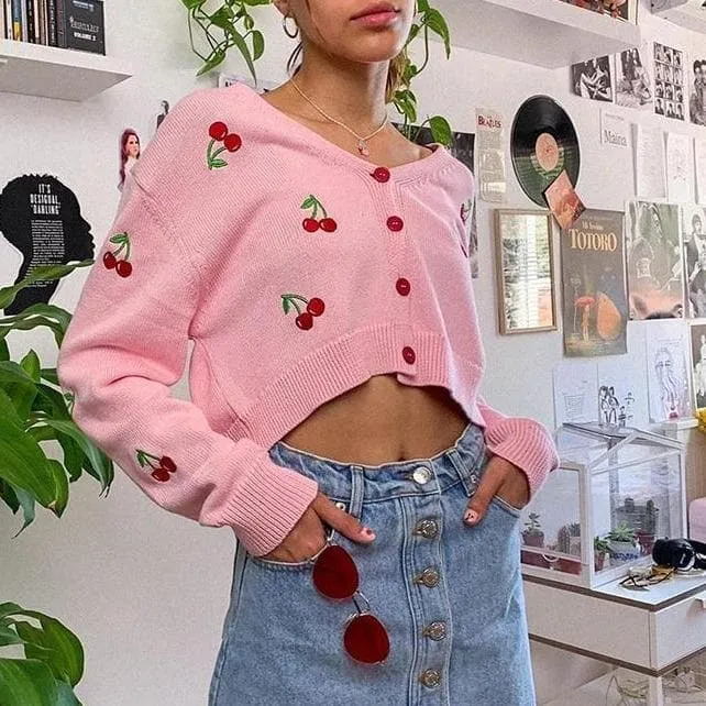 Cropped Cardigan With Cherry Embroidery