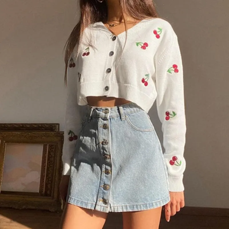 Cropped Cardigan With Cherry Embroidery