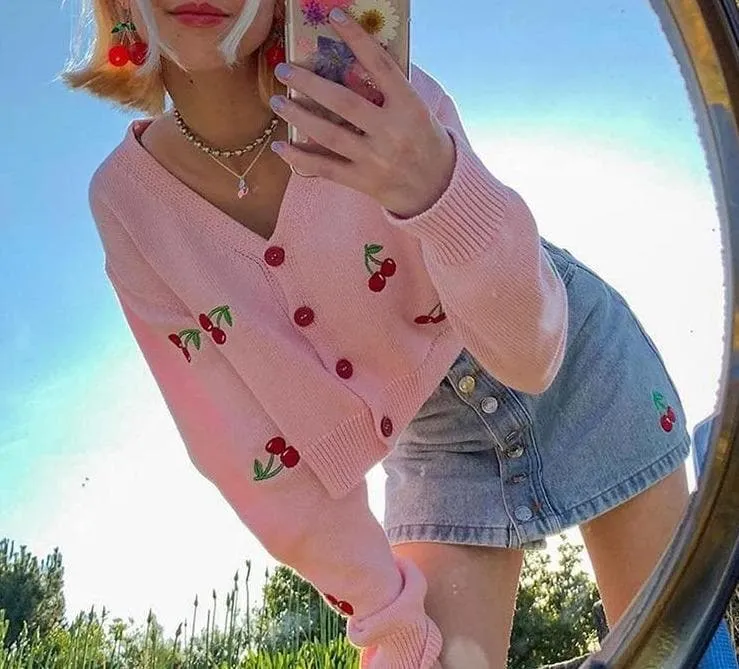 Cropped Cardigan With Cherry Embroidery