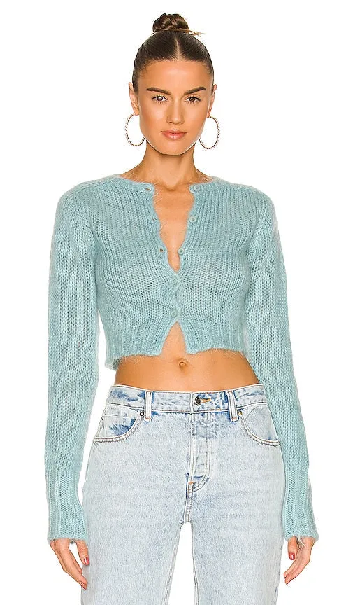 DANIELLE GUIZIO Mohair Fuzzy Cropped Cardigan in Baby Blue