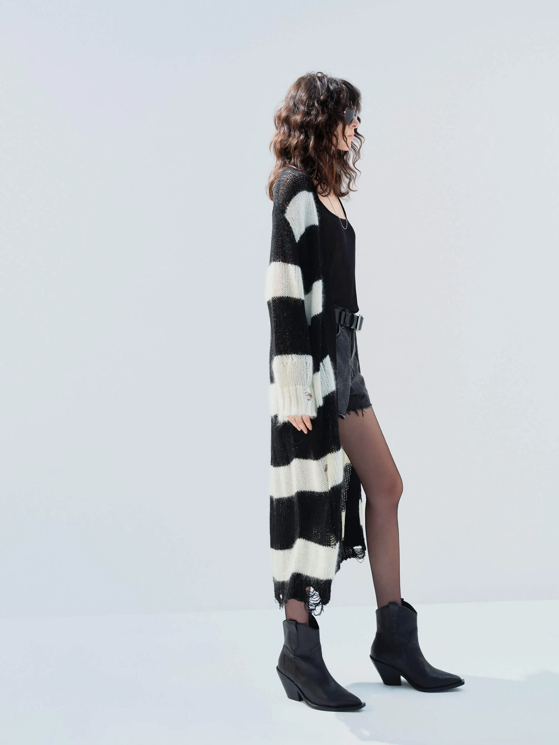 Distressed Detail Striped Cardigan