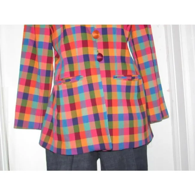 Emanuel Ungaro Orange Blue Pink And Green Plaid Blazer