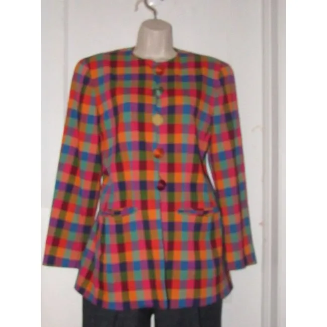Emanuel Ungaro Orange Blue Pink And Green Plaid Blazer