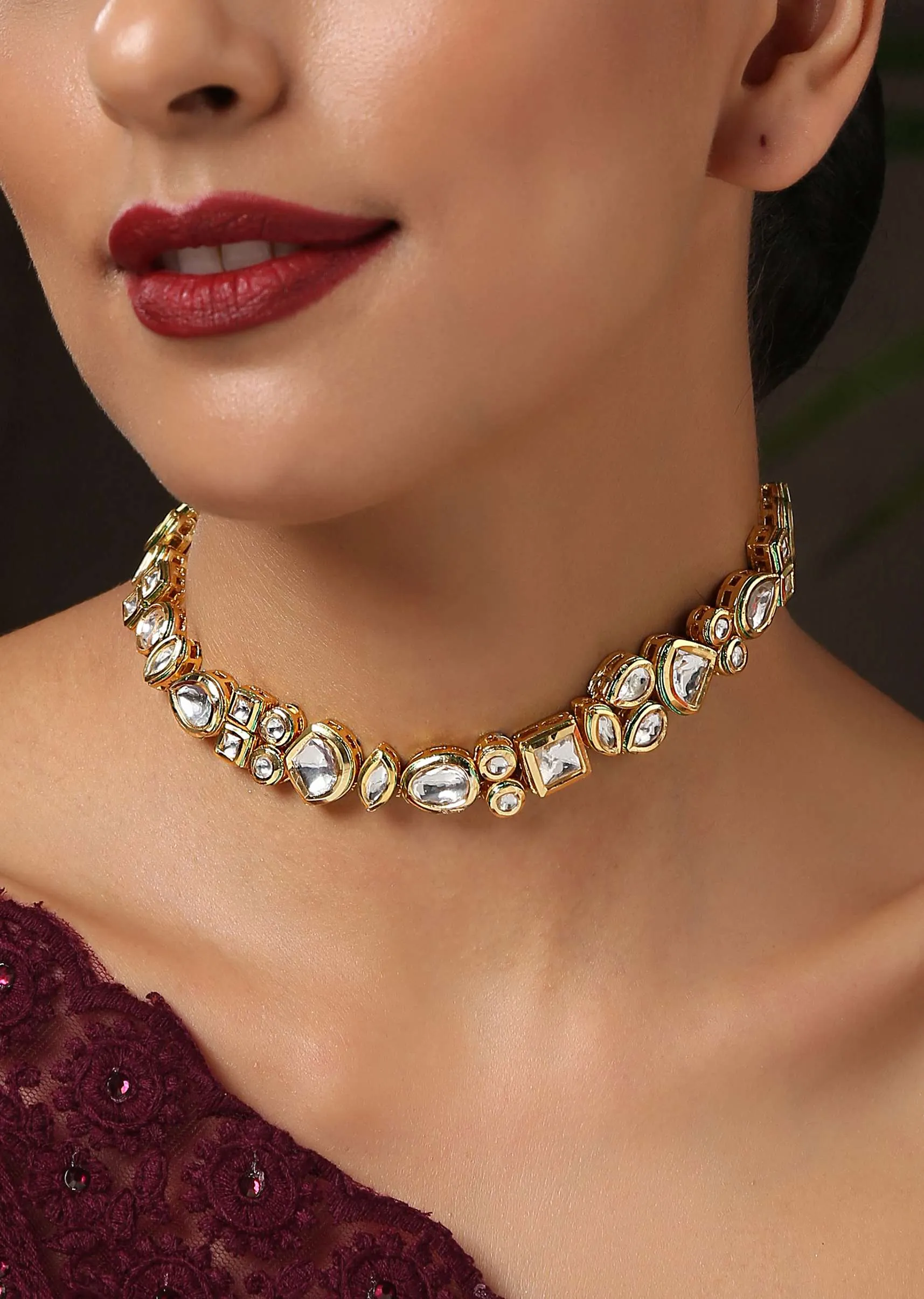 Gold Minimalist Choker Necklace In An Edgy Kundan Design By Paisley Pop