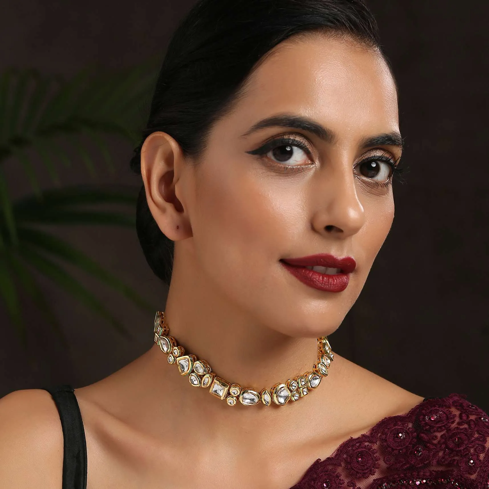 Gold Minimalist Choker Necklace In An Edgy Kundan Design By Paisley Pop