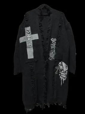 Gothic Punk Black Cross and Skeleton Distress Holes Cardigan Raw Edge