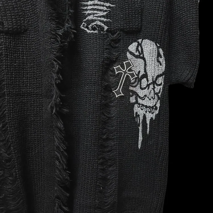 Gothic Punk Black Cross and Skeleton Distress Holes Cardigan Raw Edge