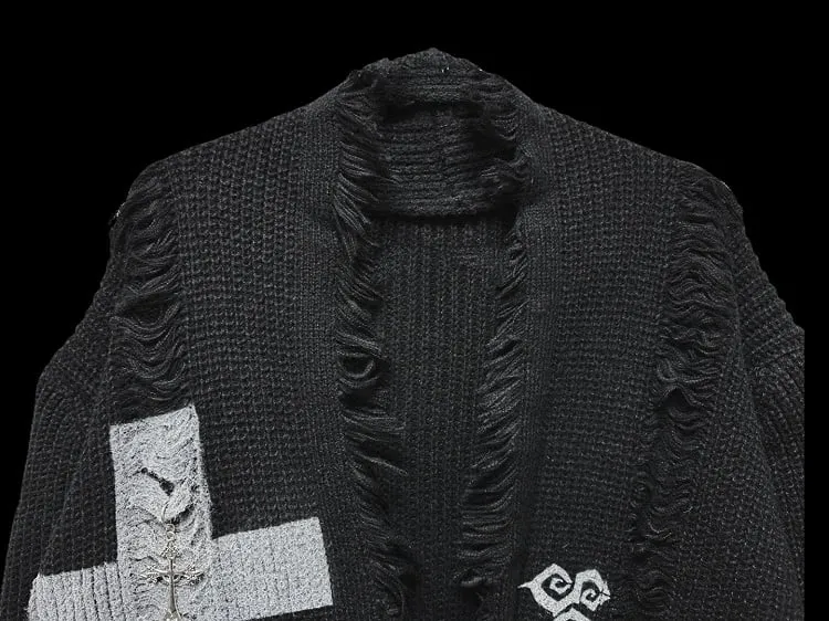Gothic Punk Black Cross and Skeleton Distress Holes Cardigan Raw Edge