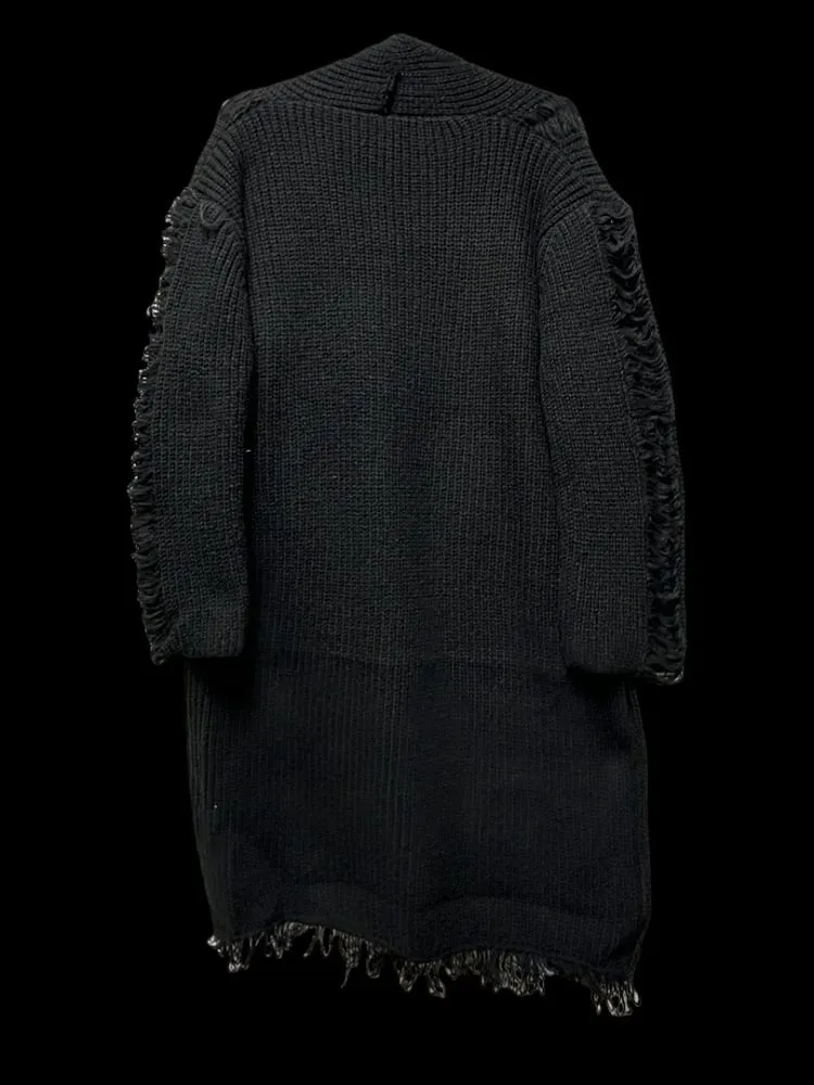 Gothic Punk Black Cross and Skeleton Distress Holes Cardigan Raw Edge