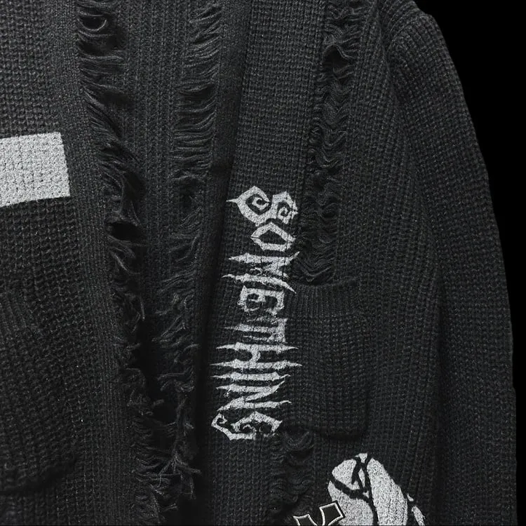 Gothic Punk Black Cross and Skeleton Distress Holes Cardigan Raw Edge
