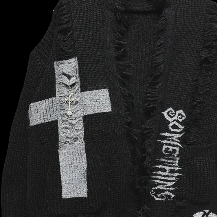 Gothic Punk Black Cross and Skeleton Distress Holes Cardigan Raw Edge