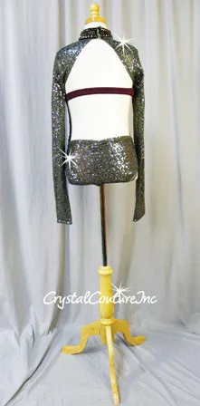 Graphite Open Net/Sequin Long Sleeve Leotard with Metal Buckles and Chains