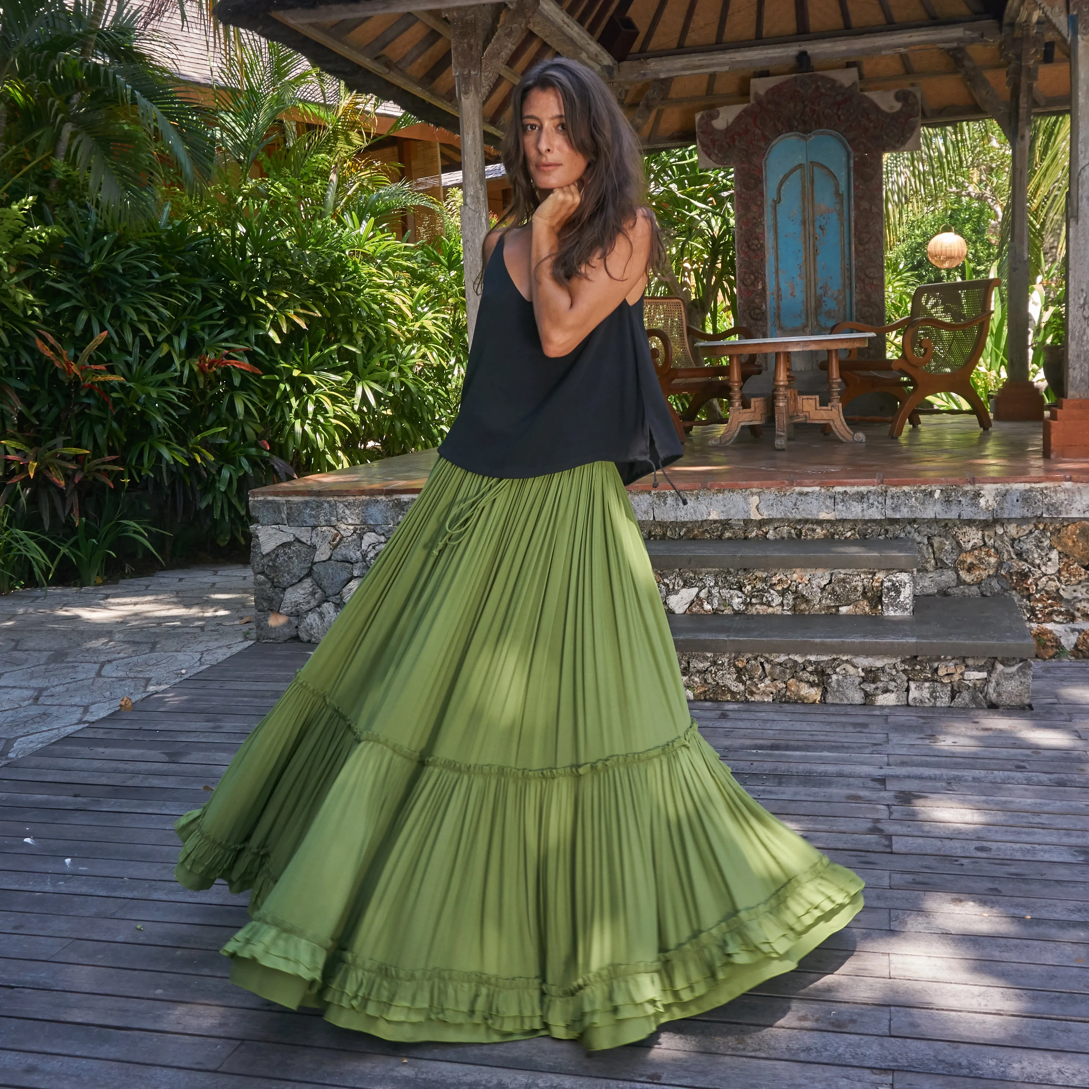 LONG RUFFLED SKIRT - Rayon Voile | Moss Green