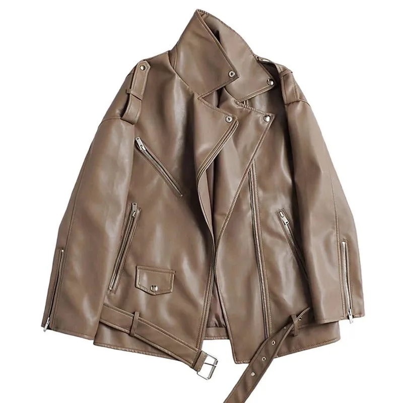 Loose and Sleek Vegan Leather Motorcycle Coat Jackets with Belt