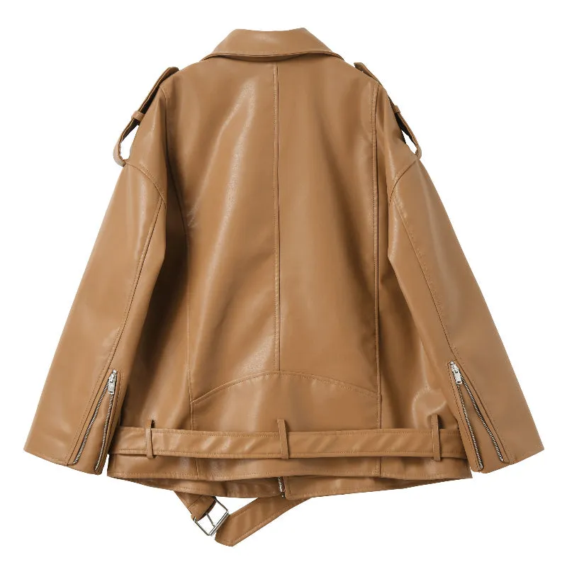 Loose and Sleek Vegan Leather Motorcycle Coat Jackets with Belt
