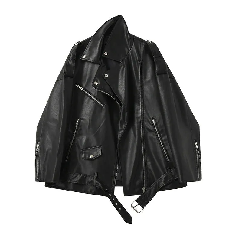 Loose and Sleek Vegan Leather Motorcycle Coat Jackets with Belt
