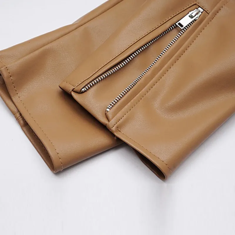 Loose and Sleek Vegan Leather Motorcycle Coat Jackets with Belt