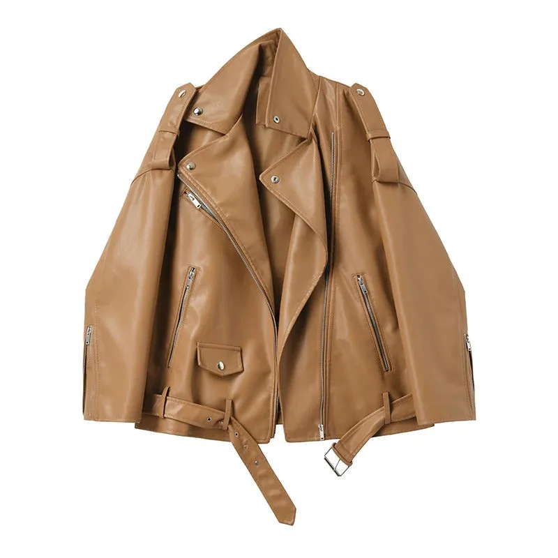 Loose and Sleek Vegan Leather Motorcycle Coat Jackets with Belt