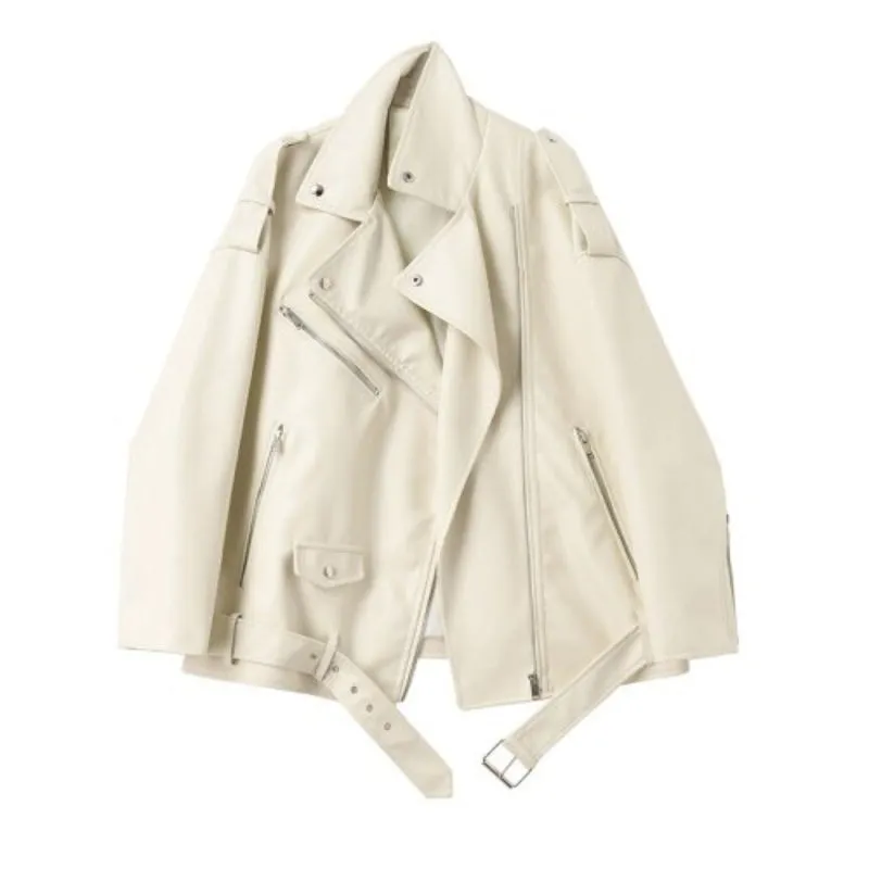 Loose and Sleek Vegan Leather Motorcycle Coat Jackets with Belt