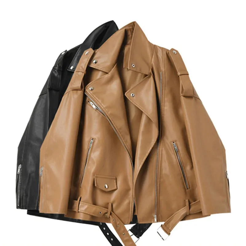 Loose and Sleek Vegan Leather Motorcycle Coat Jackets with Belt