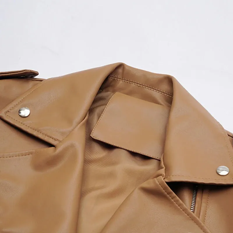 Loose and Sleek Vegan Leather Motorcycle Coat Jackets with Belt