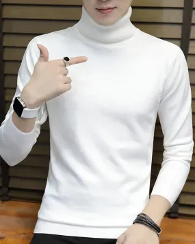 Men High Neck Plain White Full Hand T-shirt