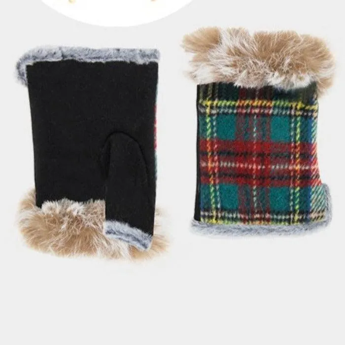 Multi Colored Plaid Fingerless Fur Gloves