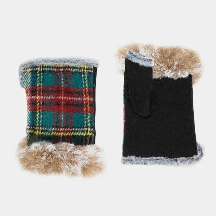 Multi Colored Plaid Fingerless Fur Gloves