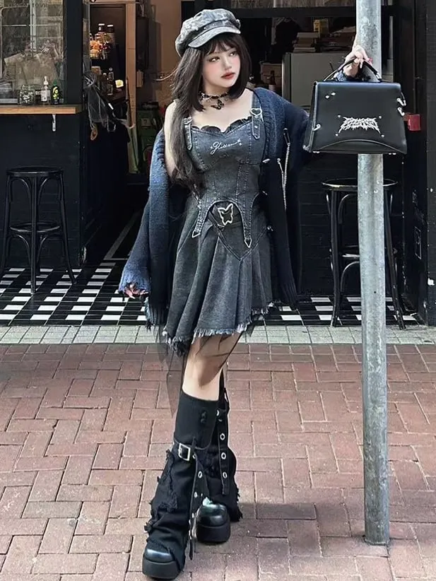 Plus Size Dark Grey Y2K Distressed Holes Loose Cardigan