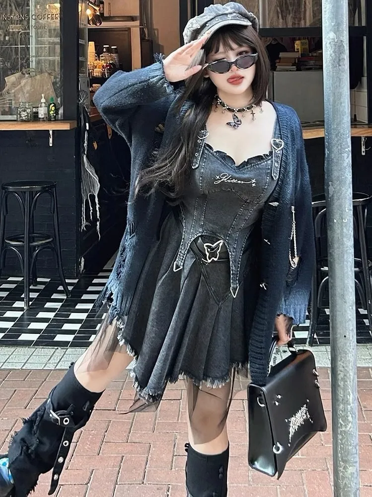 Plus Size Dark Grey Y2K Distressed Holes Loose Cardigan
