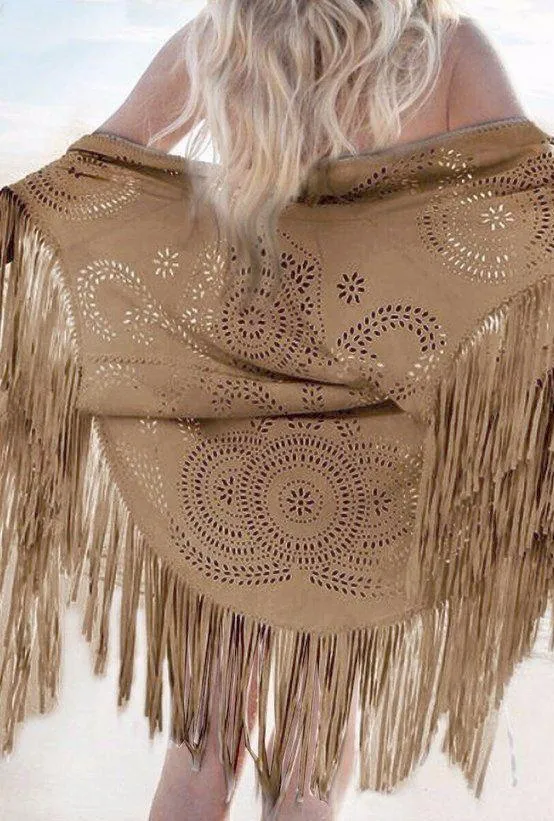 Poncho - capa boho de antelina sintética con flecos (Color marrón)