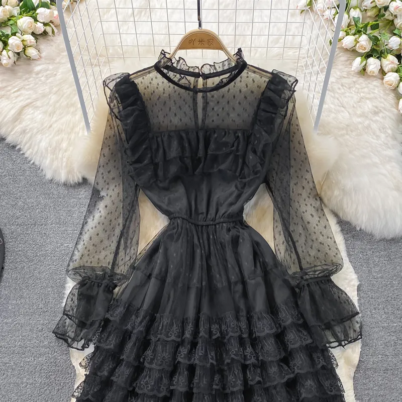 Retro Layered Mesh Fluffy Skirt Stand Collar Elegant High Waist Dress 879