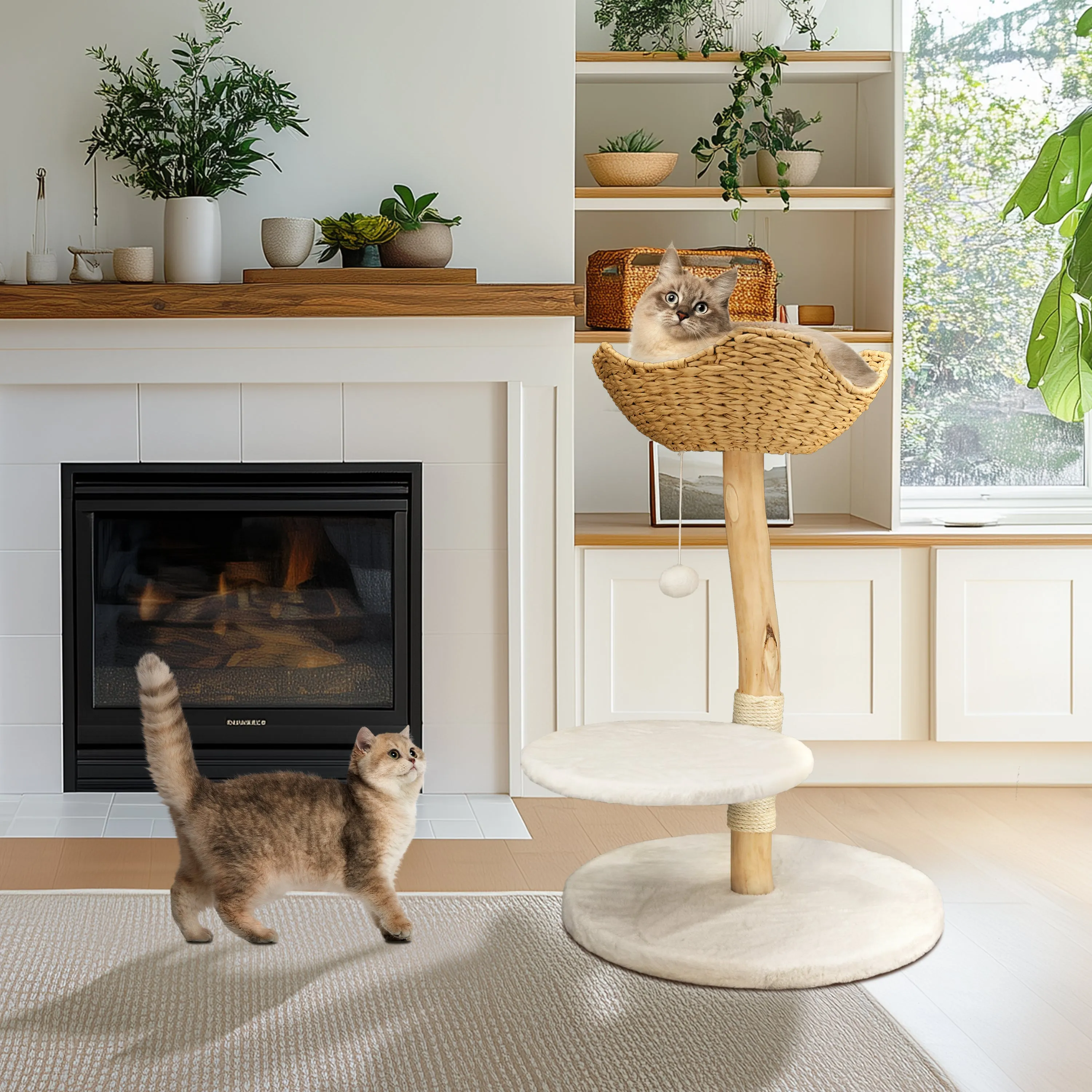 Solid Wood Cat Tree: Kitten Cat Tree Tree-like Activity Tower Center with Plush Cushion Cozy Rest Dangling Toy Ball Sisal Scratching Post for Indoor Cats