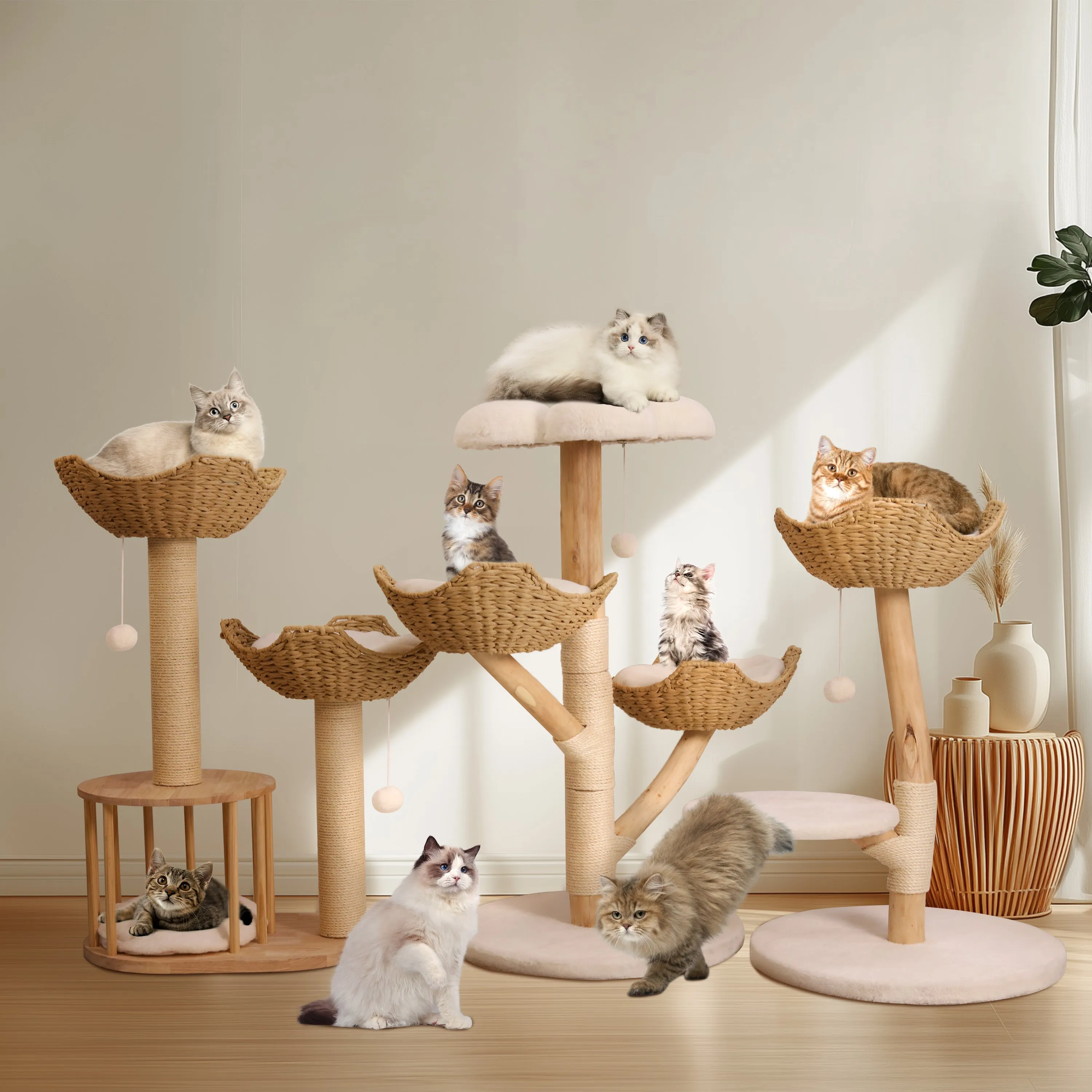 Solid Wood Cat Tree: Kitten Cat Tree Tree-like Activity Tower Center with Plush Cushion Cozy Rest Dangling Toy Ball Sisal Scratching Post for Indoor Cats