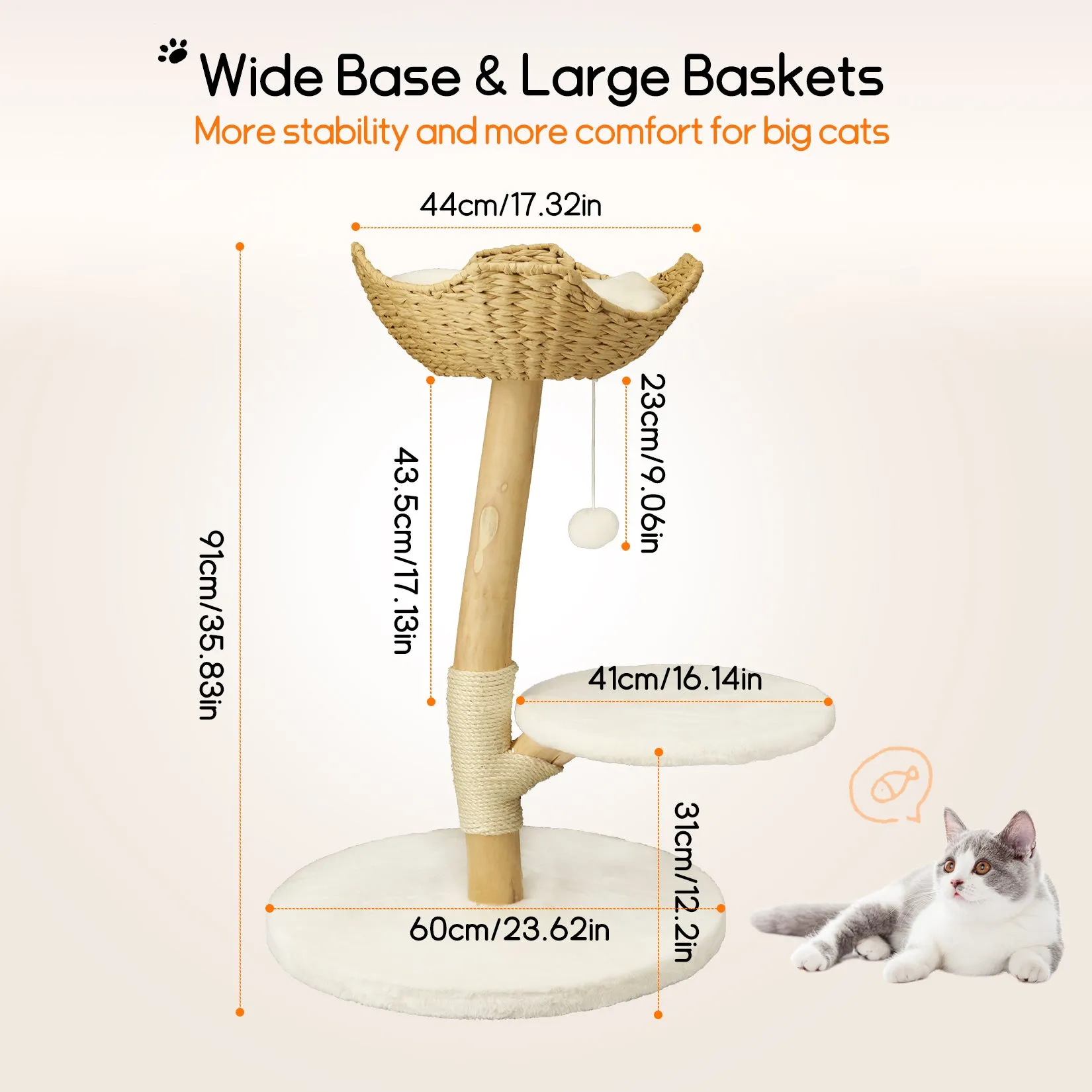 Solid Wood Cat Tree: Kitten Cat Tree Tree-like Activity Tower Center with Plush Cushion Cozy Rest Dangling Toy Ball Sisal Scratching Post for Indoor Cats