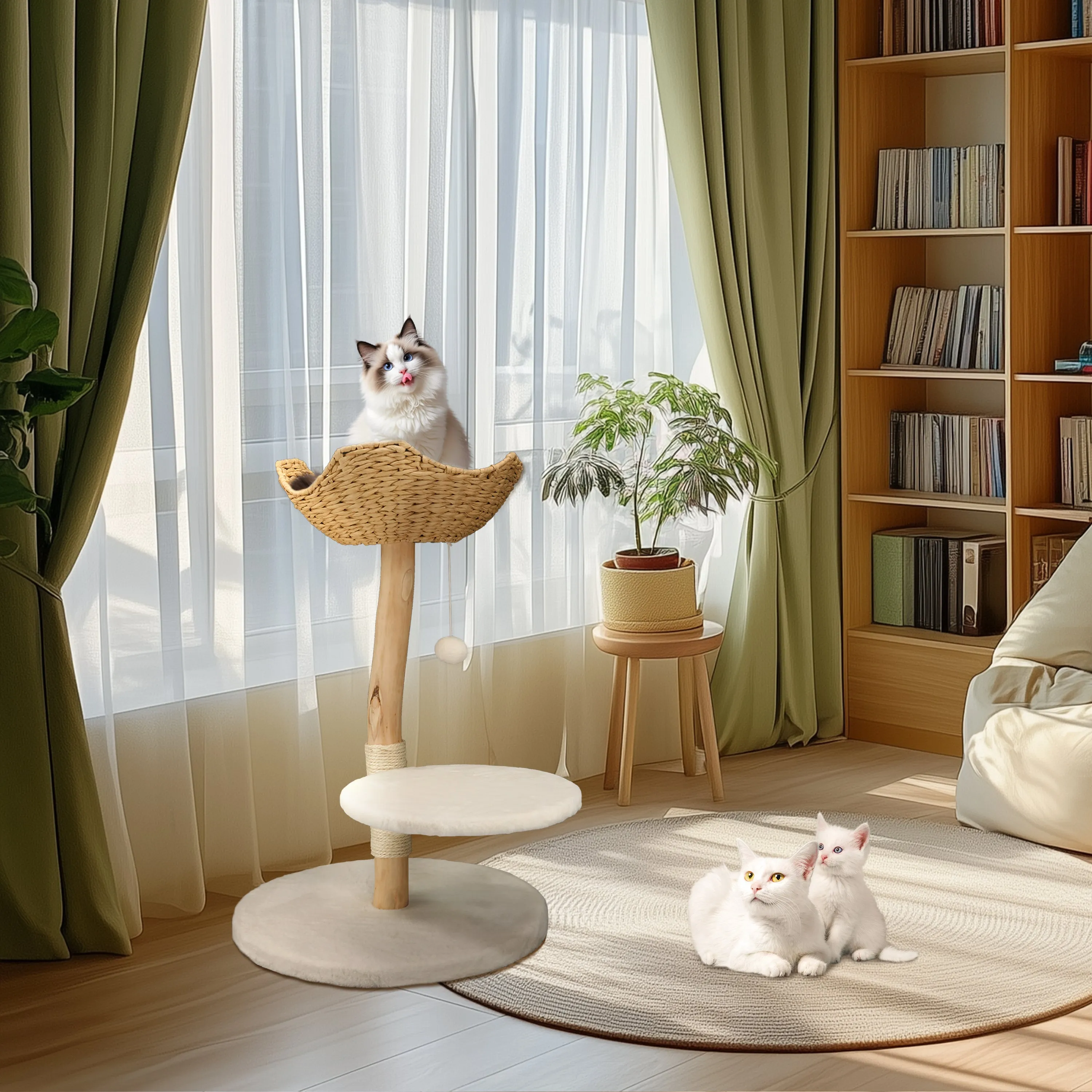 Solid Wood Cat Tree: Kitten Cat Tree Tree-like Activity Tower Center with Plush Cushion Cozy Rest Dangling Toy Ball Sisal Scratching Post for Indoor Cats