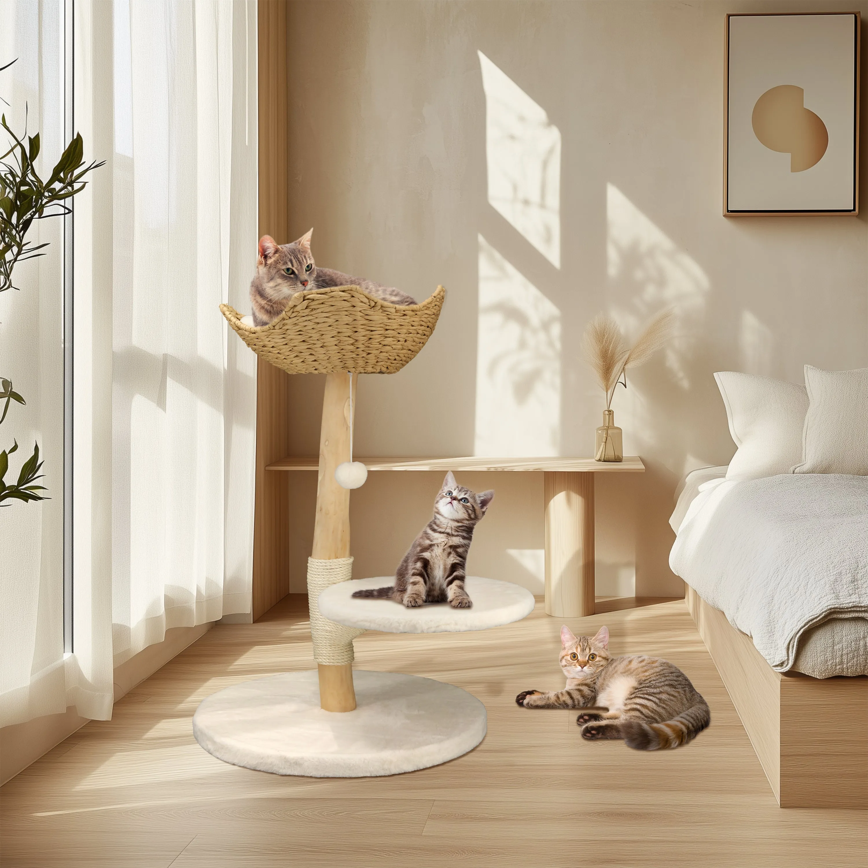 Solid Wood Cat Tree: Kitten Cat Tree Tree-like Activity Tower Center with Plush Cushion Cozy Rest Dangling Toy Ball Sisal Scratching Post for Indoor Cats