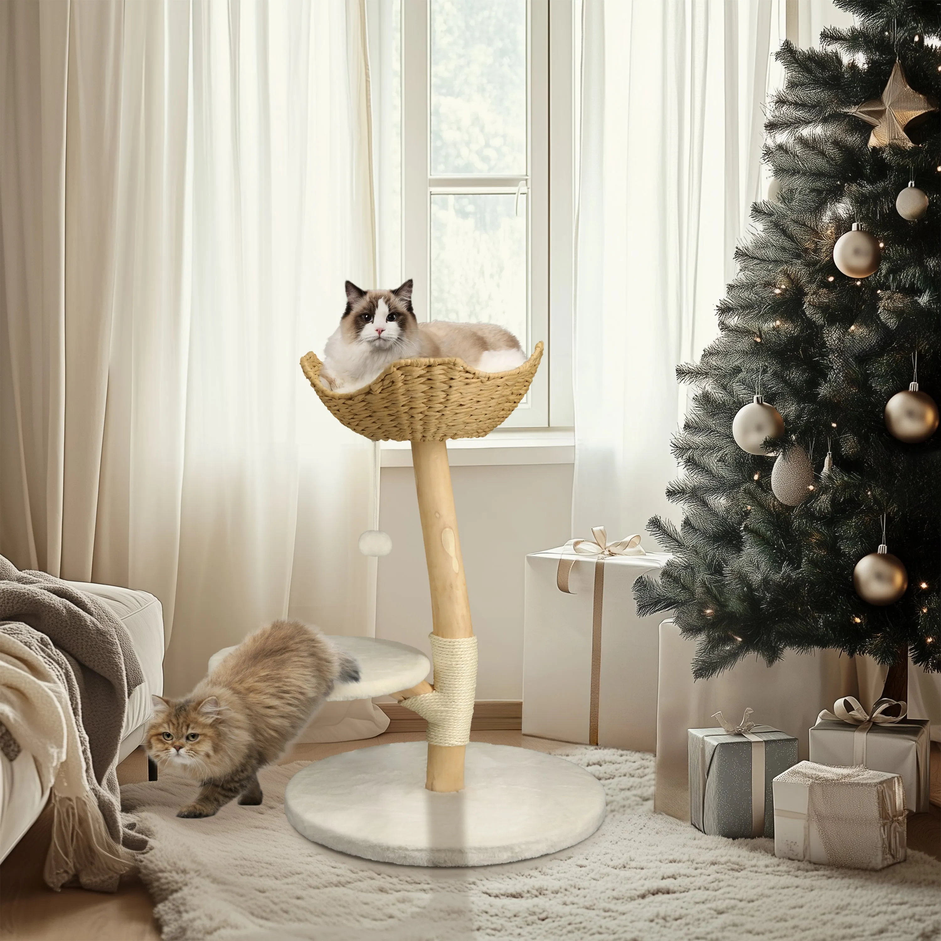 Solid Wood Cat Tree: Kitten Cat Tree Tree-like Activity Tower Center with Plush Cushion Cozy Rest Dangling Toy Ball Sisal Scratching Post for Indoor Cats
