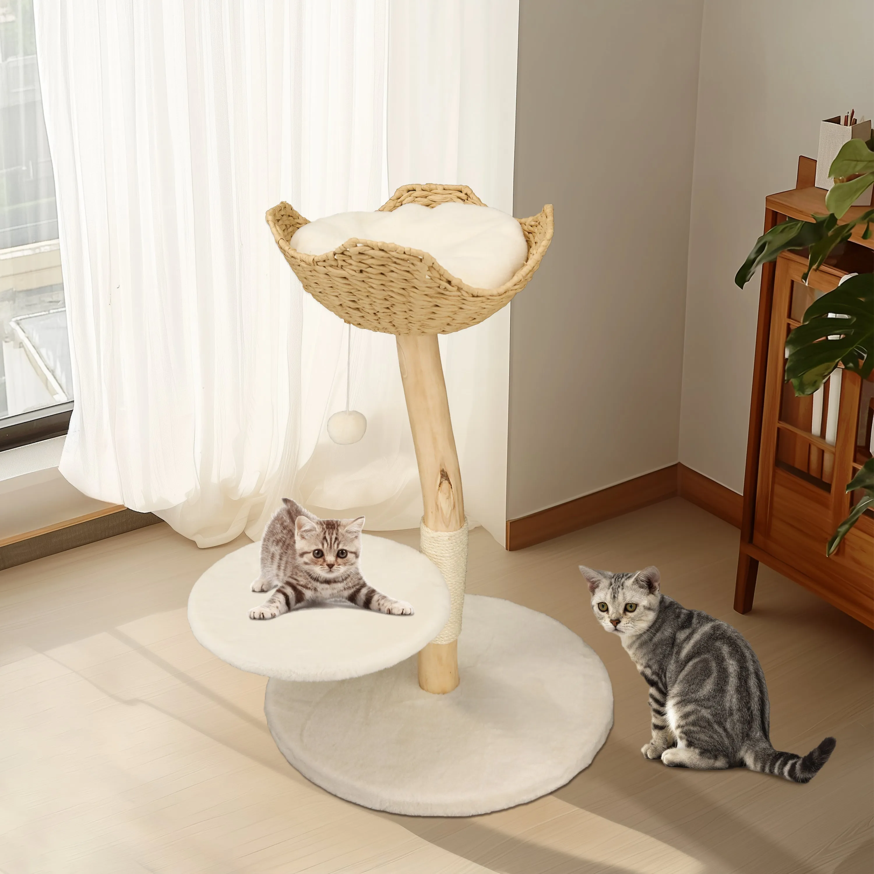 Solid Wood Cat Tree: Kitten Cat Tree Tree-like Activity Tower Center with Plush Cushion Cozy Rest Dangling Toy Ball Sisal Scratching Post for Indoor Cats