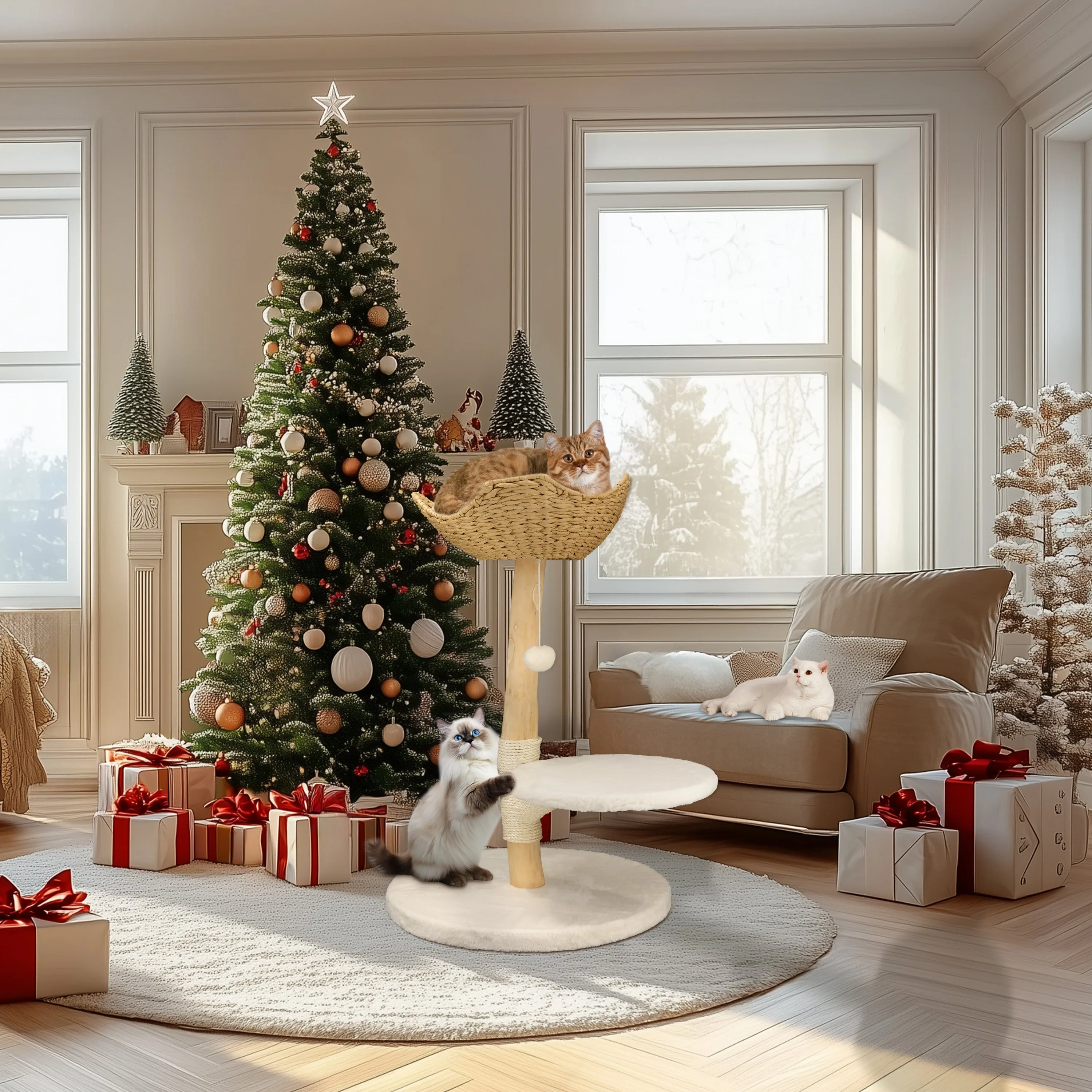 Solid Wood Cat Tree: Kitten Cat Tree Tree-like Activity Tower Center with Plush Cushion Cozy Rest Dangling Toy Ball Sisal Scratching Post for Indoor Cats