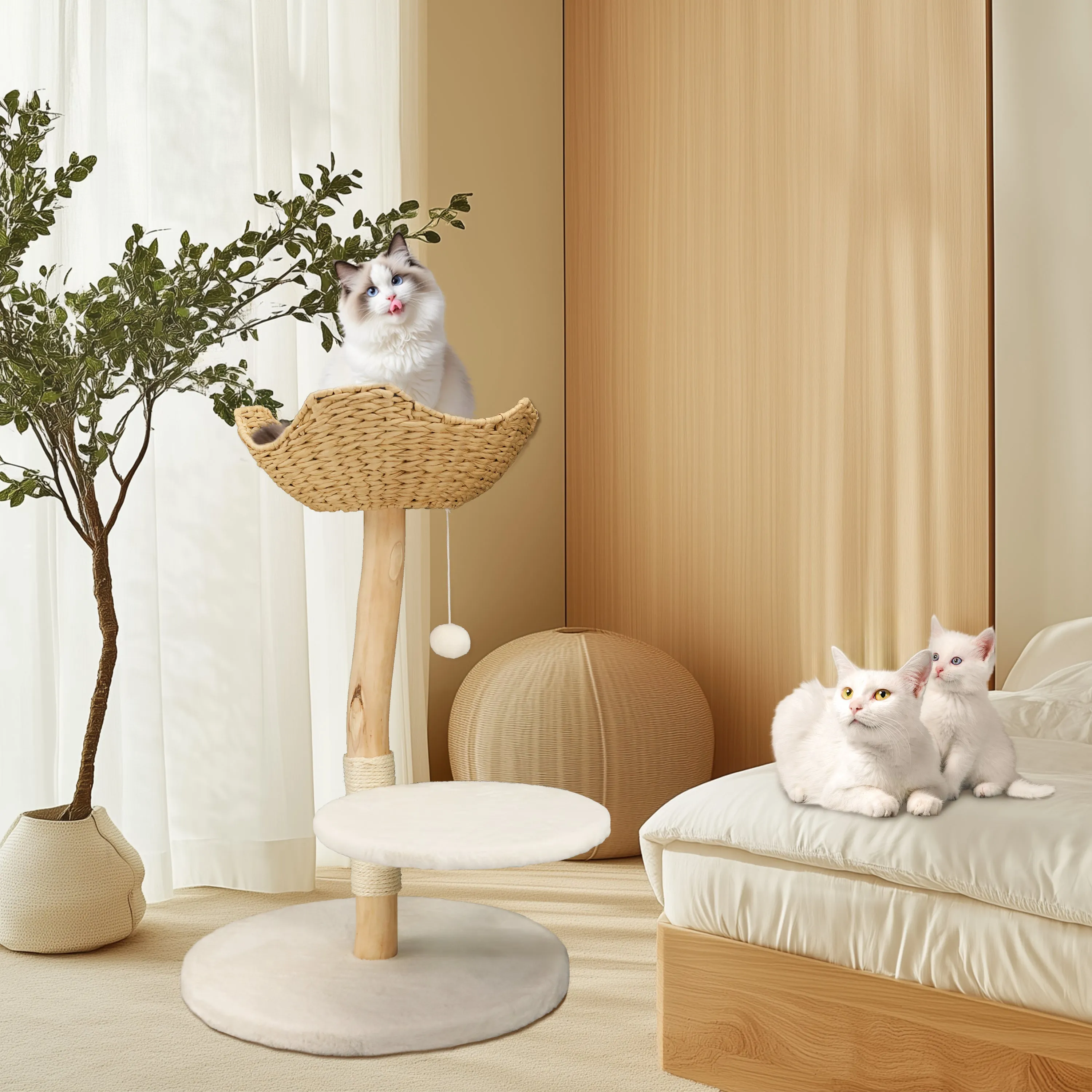 Solid Wood Cat Tree: Kitten Cat Tree Tree-like Activity Tower Center with Plush Cushion Cozy Rest Dangling Toy Ball Sisal Scratching Post for Indoor Cats