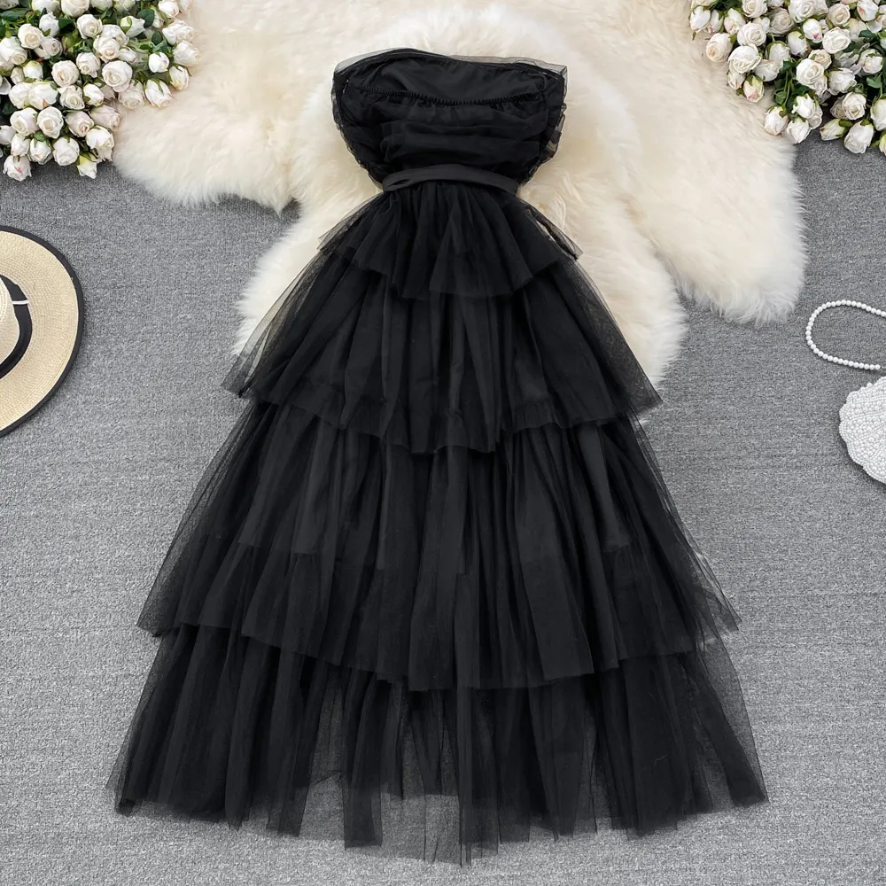 Strapless Mesh Evening Dress Backless Layered A Line Cake Dress Summer 1287